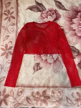 SHEIN Red Crochet Mesh Long Sleeve Crop Top